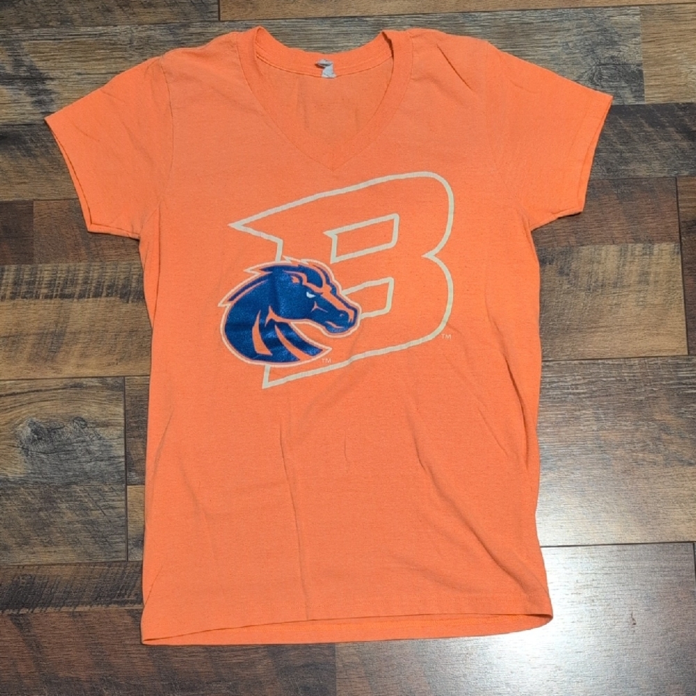 Orange BSU V-Neck T-Shirt with Blue Bronco Logo